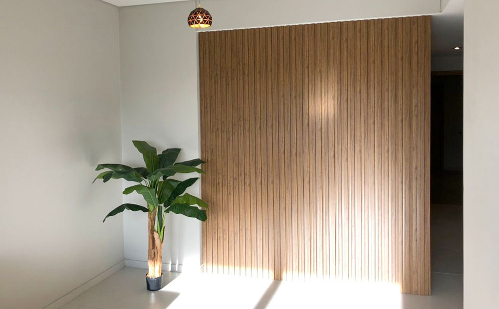 Ambiente luminoso decorado con una planta y una de sus paredes revestidas en Wall Panel EPS